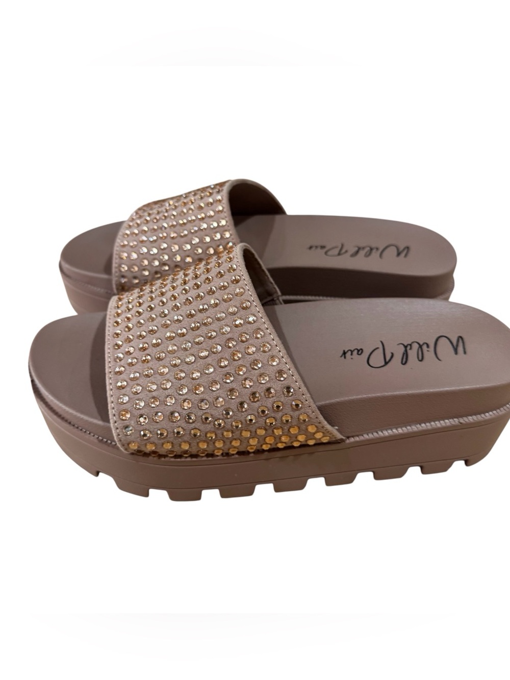 Wild Pair Nude/Taupe Slide Sandals with Gold Stud Accents